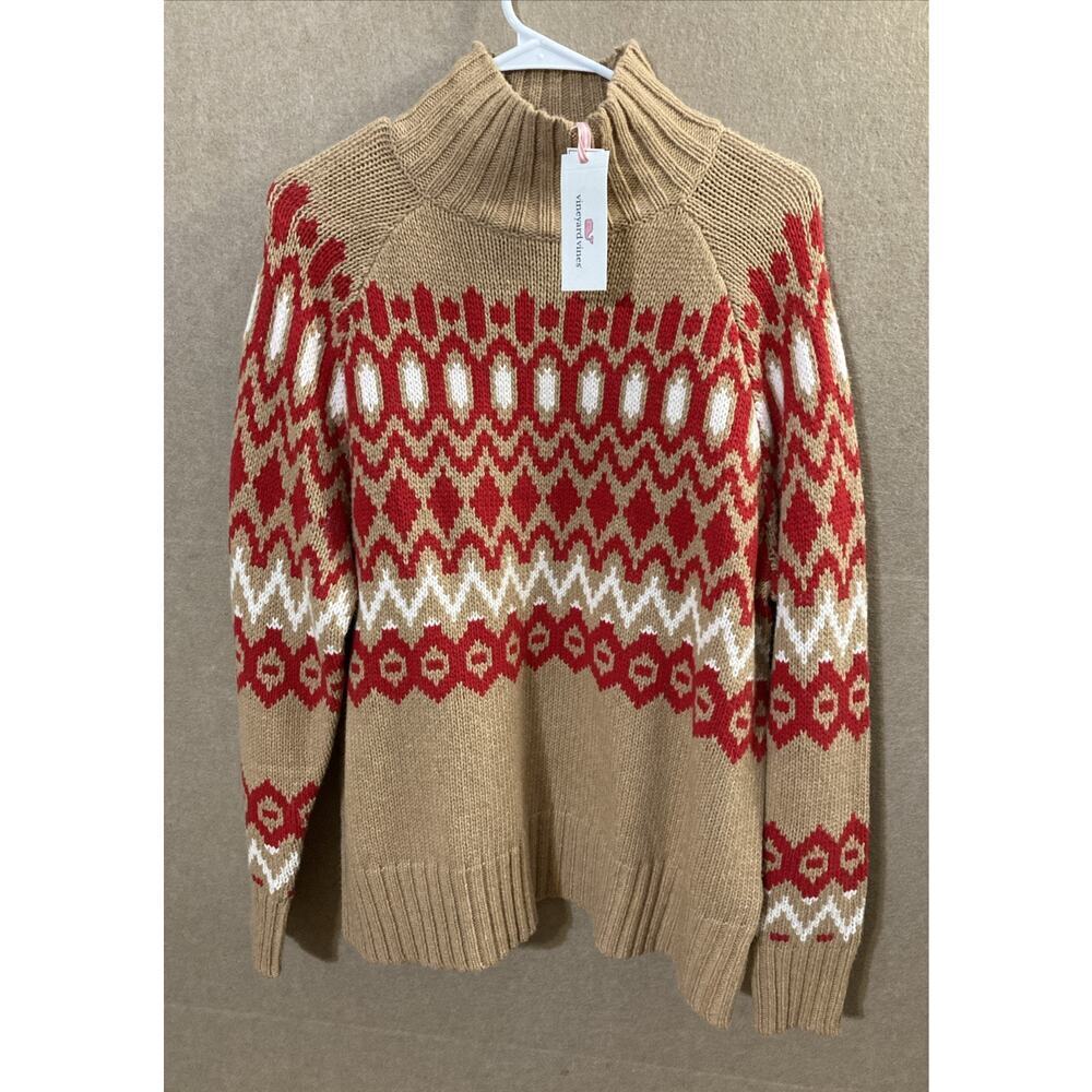 Vineyard Vines Merino Wool Blend Fair Isle Sweater Sz M New Camel Mock Neck $198 - Picture 2 of 9